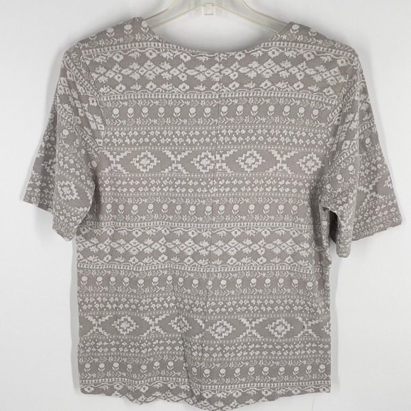 Lucky Brand Womens XL Jacquard Knit top Top Gray White V Neck Short Sleeve - Picture 7 of 11